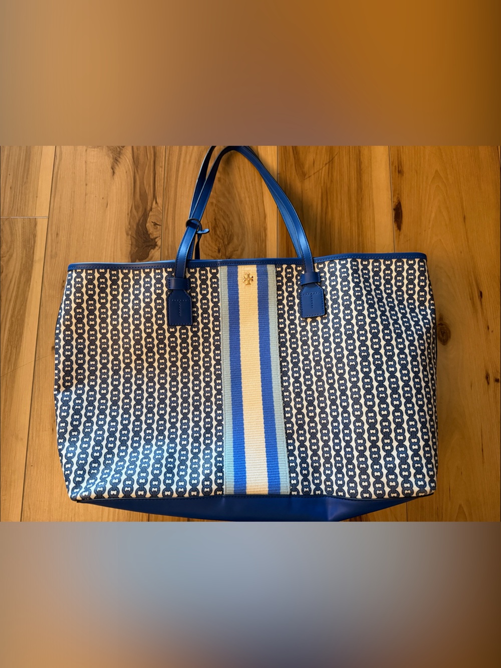 Tory Burch Blue and White Stripe Canvas Tote with Blue Leather Trim
